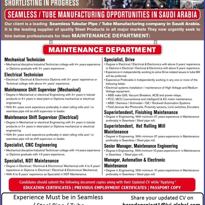 MAINTENANCE Mechanical Electrical Technician Jobs in Saudi Arabia