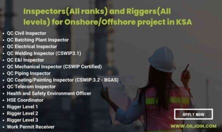 Inspectors(All ranks) and Riggers(All levels) for Onshore/Offshore project in KSA